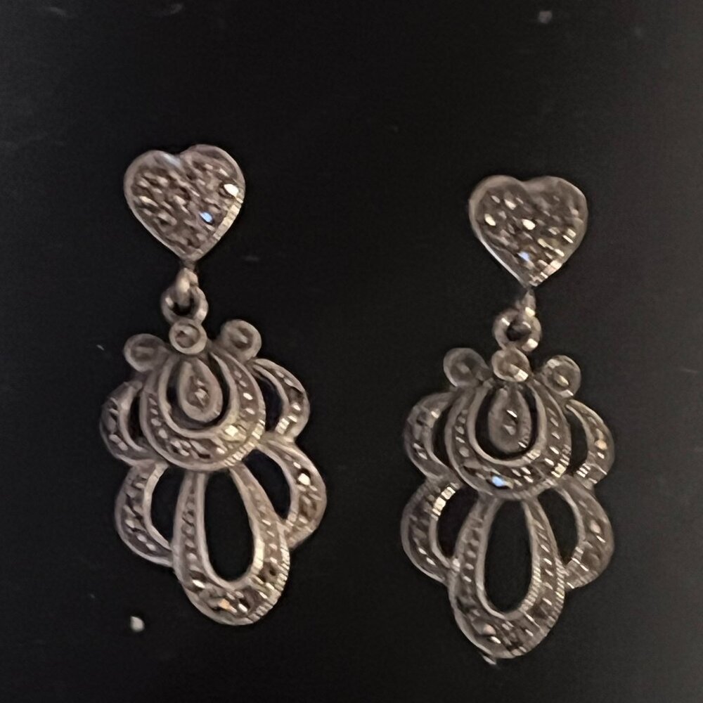 Vintage SU 925 Sterling &  Marcasite  Heart Drop Earrings